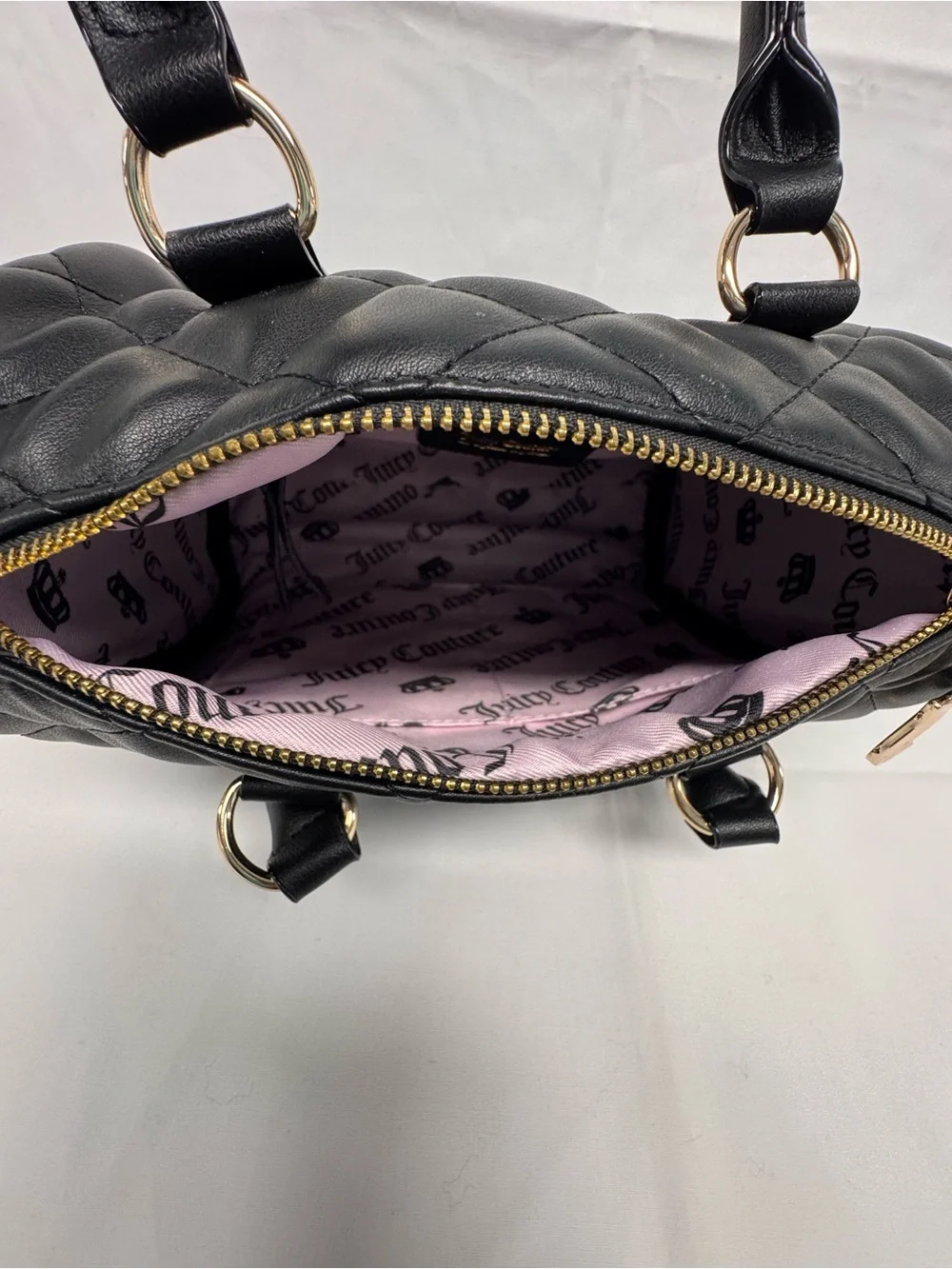 Juicy Couture Black Quilted Satchel Charms Gold Hardware Cute